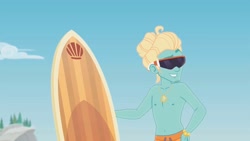 Size: 1920x1080 | Tagged: safe, imported from derpibooru, screencap, gladys, zephyr breeze, blue crushed, equestria girls, equestria girls series, clothes, male, male nipples, nipples, partial nudity, stupid sexy zephyr breeze, sunglasses, surfboard, topless, zephyr's necklace