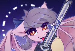 Size: 1280x875 | Tagged: safe, artist:radioaxi, imported from derpibooru, oc, oc only, bat pony, pony, bat eyes, bow, destiny (game), destiny (video game), destiny 2 (game), eyebrows, eyebrows visible through hair, gun, izanagi's burden, licking, looking at you, rifle, solo, tongue out, watermark, weapon