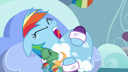 Size: 1280x720 | Tagged: safe, editor:rarity vrymer collective, imported from derpibooru, screencap, rainbow dash, tank, pegasus, pony, tortoise, tanks for the memories, closed eye, clothes, crying, duo, eyes closed, female, male, mare, multicolored hair, multicolored mane, rainbow dash slippers, sad, sadbow dash, slippers, tail