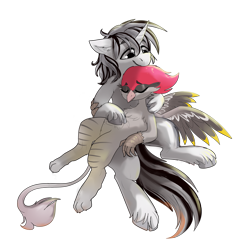 Size: 6200x6200 | Tagged: safe, artist:fiyawerks, imported from derpibooru, oc, oc:chel silktail, oc:yiazmat, griffon, unicorn, absurd resolution, couple, cuddling, duo, female, griffon oc, horn, male, simple background, transparent background, unicorn oc, wings