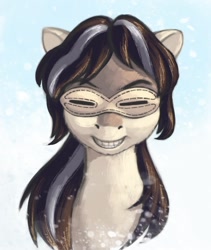 Size: 698x827 | Tagged: safe, artist:escapist, imported from derpibooru, oc, oc only, oc:cold shoulder, earth pony, bust, female, goggles, mare, portrait, smiling, snow, snow goggles, snowfall, snowpony (species), solo, taiga pony, yakutian horse