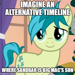 Size: 500x500 | Tagged: safe, edit, edited screencap, imported from derpibooru, screencap, sandbar, earth pony, pony, the hearth's warming club, alternate universe, caption, image macro, imgflip, implied big macintosh, meme, smiling, solo, text