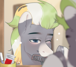 Size: 1184x1052 | Tagged: safe, artist:azaani, imported from derpibooru, oc, oc only, pegasus, pony, bathroom, brush, hairbrush, male, one eye closed, pegasus oc, smiling, solo, wink