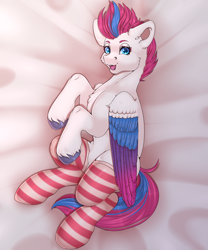 Size: 2756x3307 | Tagged: safe, artist:creed larsen, imported from derpibooru, zipp storm, pegasus, pony, clothes, fluffy, g5, high res, looking at you, lying, my little pony: a new generation, open mouth, pubic mound, sheet, socks, solo, stockings, striped socks, thigh highs, underhoof, wings