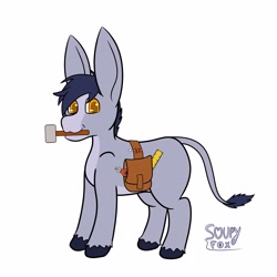 Size: 3000x3000 | Tagged: safe, artist:soupyfox, artist:soupyfoxartnsfw, imported from derpibooru, oc, oc only, oc:lock copperbrain, donkey, bag, colored pupils, commission, donkey oc, full body, hammer, high res, looking at you, male, mouth hold, ruler, saddle bag, screwdriver, simple background, smiling, smiling at you, solo, tools, unshorn fetlocks, white background