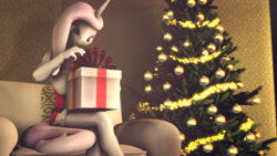 Size: 1280x720 | Tagged: safe, artist:cyberothedge, imported from derpibooru, fleur-de-lis, anthro, unicorn, 3d, christmas, christmas tree, clothes, couch, dress, holiday, nexgen, open mouth, present, solo, source filmmaker, tree