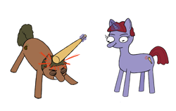 Size: 3000x1900 | Tagged: safe, artist:potatoconnoisseur, derpibooru exclusive, imported from derpibooru, oc, oc only, oc:assaultina, oc:smelly bigshit, earth pony, pony, unicorn, abuse, baseball bat, bonk, derp, duo, female, hitting, male, oc abuse, simple background, white background