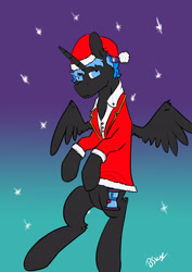 Size: 2480x3508 | Tagged: safe, artist:hrabiadeblacksky, imported from derpibooru, oc, oc only, oc:hrabia de black sky, alicorn, pony, christmas, clothes, coat, hat, high res, holiday, photo, pom pom, red coat, santa hat, solo, wings