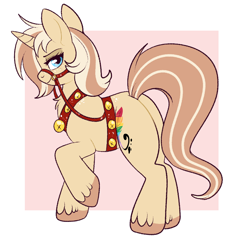 Size: 866x848 | Tagged: safe, artist:lulubell, imported from derpibooru, oc, oc only, oc:lulubell, pony, unicorn, bridle, female, harness, horn, jingle bells, looking at you, mare, raised hoof, reins, side view, smiling, smiling at you, solo, tack, unicorn oc