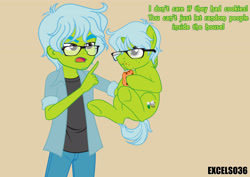 Size: 3508x2480 | Tagged: safe, artist:excelso36, imported from derpibooru, oc, oc only, oc:excelso, pony, unicorn, equestria girls, behaving like a cat, clothes, cookie, food, glasses, high res, holding a pony, human ponidox, male, nagging, no regrets, scruff, self paradox, self ponidox, stallion