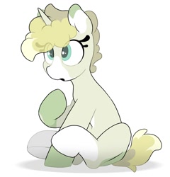 Size: 1400x1457 | Tagged: safe, alternate version, artist:mochi_nation, imported from derpibooru, oc, oc only, oc:flannel tea, pony, unicorn, coat markings, eye clipping through hair, female, mare, simple background, sitting, solo, white background