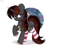 Size: 1280x889 | Tagged: safe, artist:shiny-dust, imported from derpibooru, oc, oc only, oc:twistae, pony, unicorn, bells, bridle, christmas, christmas tree, clothes, commission, female, freckles, harness, holiday, jingle bells, raised hoof, simple background, smiling, socks, solo, striped socks, tack, tree, unshorn fetlocks, white background, your character here