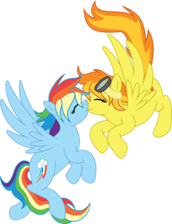 Size: 1024x1330 | Tagged: safe, artist:mysteriouskaos, imported from derpibooru, rainbow dash, spitfire, pegasus, duo, eyes closed, female, fire hair, flying, goggles, kissing, lesbian, multicolored hair, rainbow hair, shipping, simple background, spitdash, spread wings, transparent background, wings