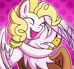 Size: 584x546 | Tagged: safe, artist:sorcerushorserus, imported from derpibooru, gilda, pinkie pie, surprise, oc, griffon, pegasus, pony, eyes closed, hug, pegasus oc, pinkie pie hair, squishy cheeks, wings