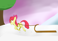 Size: 1280x896 | Tagged: safe, artist:thetenen, imported from derpibooru, apple bloom, earth pony, pony, female, filly, sled, snow, solo, tree, winter