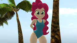 Size: 1920x1080 | Tagged: safe, artist:mr.uberrebu25, imported from derpibooru, pinkie pie, equestria girls, 3d, beach, beach babe, blue swimsuit, breasts, busty pinkie pie, clothes, leotard, one-piece swimsuit, palm tree, solo, swimsuit, tree