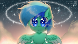 Size: 2000x1125 | Tagged: source needed, useless source url, safe, artist:jadebreeze115, imported from derpibooru, oc, oc only, oc:jade breeze, pegasus, pony, background, beautiful, blue eyes, chest fluff, cloud, colored wings, cute, glimmer, gradient wings, halo, heart eyes, looking at you, shading, sitting, smiling, spread wings, starry eyes, starry night, sunset, wingding eyes, wings