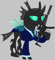 Size: 1522x1665 | Tagged: safe, artist:rd4590, imported from derpibooru, oc, unnamed oc, changeling, clothes, gray background, gun, heckler and koch, lapel pin, looking at you, mp5, navy blazer, necktie, scope, simple background, spread wings, submachinegun, suit, suppressor, vector, weapon, wings
