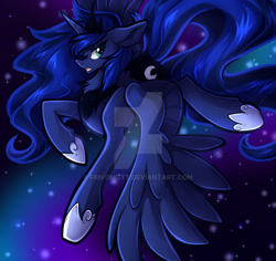 Size: 1280x1207 | Tagged: safe, artist:frivomutt, imported from derpibooru, princess luna, alicorn, pony, chest fluff, deviantart watermark, female, flying, mare, night, obtrusive watermark, solo, spread wings, stars, watermark, wings