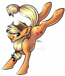 Size: 1280x1494 | Tagged: safe, artist:frivomutt, imported from derpibooru, applejack, earth pony, pony, bucking, deviantart watermark, female, mare, obtrusive watermark, signature, simple background, smiling, solo, watermark, white background