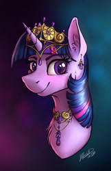 Size: 1028x1582 | Tagged: safe, artist:helmie-art, artist:helmie-d, imported from derpibooru, twilight sparkle, alicorn, pony, bust, chest fluff, crown, ear fluff, ear piercing, earring, female, jewelry, mare, necklace, piercing, portrait, regalia, signature, simple background, smiling, solo, tiara, twilight sparkle (alicorn)