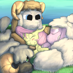 Size: 1584x1584 | Tagged: safe, artist:firefanatic, imported from derpibooru, fluttershy, pony, sheep, cuddling, cute, ewe, fluffy, grass, happy, male, ram, smiling, snuggling