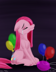 Size: 1100x1400 | Tagged: safe, artist:rockhoppr3, imported from derpibooru, pinkie pie, earth pony, pony, balloon, crying, eyes closed, floppy ears, pinkamena diane pie, sad, solo, unshorn fetlocks