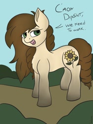 Size: 1536x2048 | Tagged: safe, artist:ledwine glass, artist:lewdielewd, imported from derpibooru, oc, oc only, oc:sunflower sunrise, oc:sunflower_sunrise, earth pony, pony, braid, brown hair, flower, gradient hooves, green background, simple background, solo, sunflower, swearing, vulgar