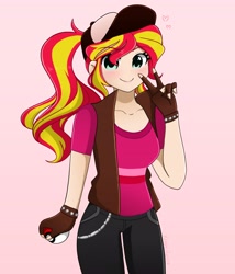 Size: 3514x4096 | Tagged: safe, artist:kittyrosie, imported from derpibooru, sunset shimmer, equestria girls, baseball cap, blushing, cap, clothes, crossover, cute, female, fingerless gloves, gloves, hat, jeans, pants, poké ball, pokéball, pokémon, pokémon trainer, ponytail, shimmerbetes, solo, vest