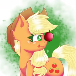 Size: 2213x2213 | Tagged: safe, artist:galaxy swirl, imported from derpibooru, applejack, earth pony, pony, apple, applejack's hat, cowboy hat, food, hat, that pony sure does love apples, tongue out