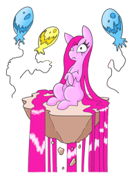 Size: 2572x3260 | Tagged: safe, artist:darkgred, imported from derpibooru, pinkie pie, pony, balloon, female, floating island, impossibly long hair, impossibly long tail, pinkamena diane pie, simple background, sitting, solo, surreal, transparent background, waterfall