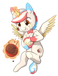 Size: 1024x1349 | Tagged: safe, artist:foxhatart, imported from derpibooru, oc, oc only, oc:funfetti, alicorn, pony, batter, food, magic, simple background, solo, transparent background