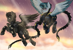 Size: 4096x2846 | Tagged: source needed, useless source url, safe, artist:besomb1tch, imported from derpibooru, oc, pegasus, pony, fallout equestria, armor, dashite, enclave, enclave armor, female, foe, gift art, male, power armor, rain