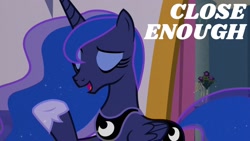 Size: 1920x1080 | Tagged: safe, edit, edited screencap, editor:quoterific, imported from derpibooru, screencap, princess luna, alicorn, pony, the last problem, close enough, eyes closed, flower, hoof shoes, open mouth, solo