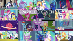 Size: 1968x1109 | Tagged: safe, edit, edited screencap, editor:quoterific, imported from derpibooru, screencap, applejack, fluttershy, gummy, night light, pinkie pie, princess celestia, princess luna, rainbow dash, rarity, shining armor, silver sable, spike, twilight sparkle, twilight velvet, zephyr breeze, alicorn, bird, dragon, earth pony, goose, pegasus, pony, unicorn, sparkle's seven, apple chord, applejack's hat, armor, baby, baby dragon, baby spike, clothes, costume, cowboy hat, crown, dangerous mission outfit, detective rarity, eyes closed, female, filly, filly twilight sparkle, floppy ears, freakout, goggles, group hug, hard-won helm of the sibling supreme, hat, hoodie, hoof shoes, hug, jewelry, lip bite, male, mane seven, mane six, mare, open mouth, regalia, royal guard, royal guard rarity, royal guard zephyr breeze, royal sisters, siblings, sisters, stallion, throne, twilight sparkle (alicorn), unicorn twilight, winged spike, wings, younger