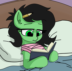 Size: 1383x1350 | Tagged: safe, artist:plunger, artist:retro melon, imported from derpibooru, oc, oc only, oc:filly anon, earth pony, pony, bandaged chest, bed, bedroom, book, comfy, female, filly, implied injury, pencil, pencil behind ear, pillow, reading, solo, spoilers for another series