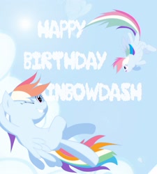 Size: 2700x3000 | Tagged: safe, artist:j5ajj, imported from derpibooru, rainbow dash, pegasus, pony, cloud, flying, happy birthday, multeity, on a cloud, one eye closed, rainbow dash day, rainbow dash's birthday, solo