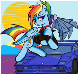 Size: 1036x987 | Tagged: safe, artist:sallycars, imported from derpibooru, rainbow dash, pegasus, pony, alternate timeline, amputee, apocalypse dash, artificial wings, augmented, car, choker, crystal war timeline, lamborghini, lamborghini countach, ms paint, prosthetic limb, prosthetic wing, prosthetics, rainbow dash day, solo, torn ear, wings