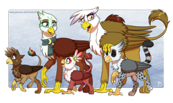 Size: 2400x1439 | Tagged: safe, artist:inuhoshi-to-darkpen, imported from derpibooru, gilda, greta, oc, oc:geoff, oc:gloria, oc:gregory, griffon, adopted offspring, bow, clothes, family, female, grelda, griffon oc, lesbian, male, parent:gilda, parent:greta, parents:grelda, scarf, shipping