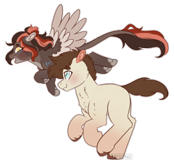 Size: 2000x1900 | Tagged: safe, artist:liefsong, imported from derpibooru, oc, oc:chestnut, oc:cloudjumper, earth pony, sphinx, blushing, chest fluff, colored wings, flying, leonine tail, multicolored wings, paws, running, wings