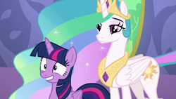 Size: 1920x1080 | Tagged: safe, imported from derpibooru, screencap, princess celestia, twilight sparkle, alicorn, pony, celestial advice, duo, duo female, female, gritted teeth, mare, smiling, twilight sparkle (alicorn)