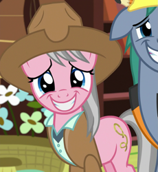 Size: 881x957 | Tagged: safe, imported from derpibooru, screencap, hard hat (character), wrangler, earth pony, pony, fluttershy leans in, cropped, duo, female, grin, gritted teeth, hard hat (g4), male, mare, nervous, nervous grin, smiling, stallion