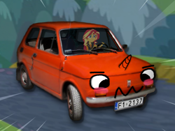 Size: 1024x768 | Tagged: safe, anonymous artist, edit, imported from derpibooru, sunset shimmer, oc, oc:fiat 126p, unicorn, equestria girls, 2137, car, fiat 126p, owo, poland, speed lines, uwu