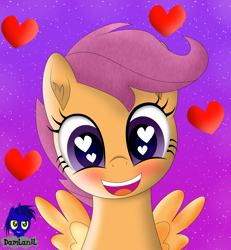 Size: 3840x4154 | Tagged: safe, artist:damlanil, imported from derpibooru, scootaloo, pegasus, pony, blushing, cute, cutealoo, female, filly, happy, heart, heart eyes, looking at you, mare, open mouth, simple background, smiling, vector, weapons-grade cute, wingding eyes, wings