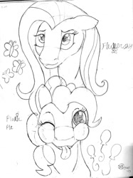 Size: 956x1280 | Tagged: safe, artist:jimfoxx, imported from derpibooru, fluttershy, pinkie pie, earth pony, pegasus, pony, :p, cutie mark, digital art, duo, female, looking at you, mare, monochrome, one eye closed, simple background, sketch, tongue out, white background