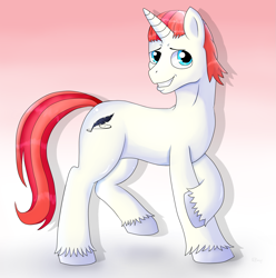 Size: 2217x2233 | Tagged: safe, artist:jimfoxx, imported from derpibooru, oc, oc only, oc:magnum opus, pony, unicorn, cutie mark, digital art, hooves, horn, looking at you, male, simple background, smiling, stallion, tail