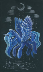Size: 691x1150 | Tagged: safe, artist:maytee, imported from derpibooru, princess luna, alicorn, pony, black paper, colored pencil drawing, crescent moon, moon, solo, traditional art