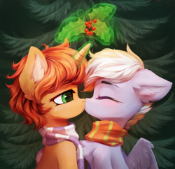 Size: 3000x2907 | Tagged: safe, artist:inowiseei, imported from derpibooru, oc, oc only, pegasus, pony, unicorn, female, holly, holly mistaken for mistletoe, kissing, magic, mare