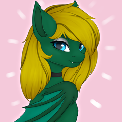 Size: 4050x4050 | Tagged: source needed, safe, artist:bellfa, imported from derpibooru, oc, oc:midnight lightning, bat pony, pony, bat wings, blue eyes, chest fluff, choker, commission, ear fluff, eyelashes, eyeshadow, female, looking at you, looking over shoulder, makeup, mare, wings, ych result