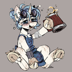 Size: 2000x2000 | Tagged: safe, artist:kotya, imported from derpibooru, oc, oc only, oc:moonshine stout, pony, unicorn, alcohol, apron, bandage, beer, beer mug, blushing, clothes, colored hooves, drunk, drunk bubbles, female, frog (hoof), full body, glasses, horn, looking at you, simple background, tools, underhoof